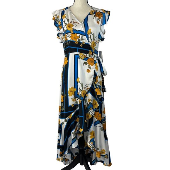 Gigi Parker X-Small Hi-Low Wrap Dress Floral Scarf V-Neck Ruffled Cap Sleeve New - Picture 1 of 13